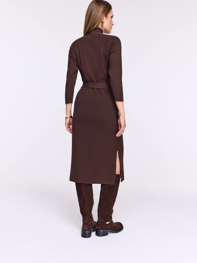 Chocolate knit dress with a tie at the neckline