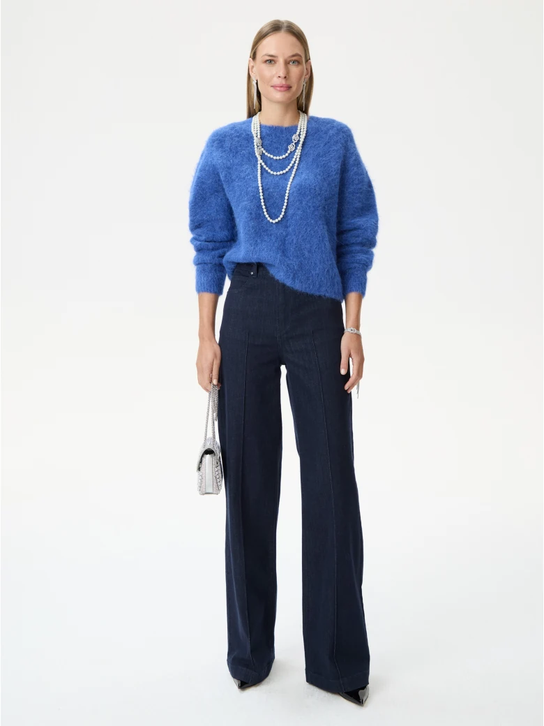 Navy blue wide-leg pants with a shiny effect