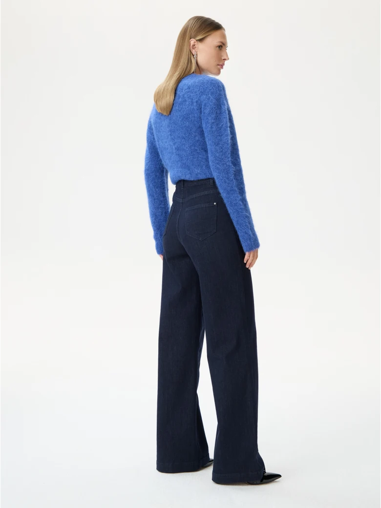 Navy blue wide-leg pants with a shiny effect