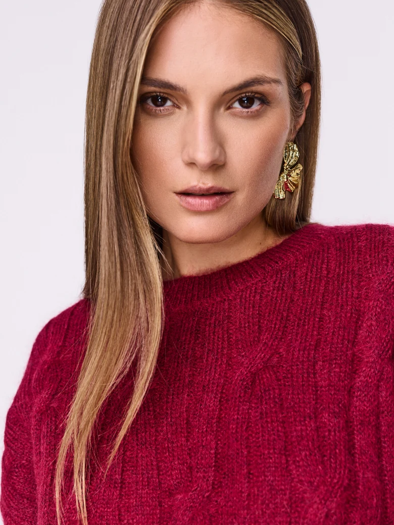 Cable knit burgundy sweater with mohair and wool
