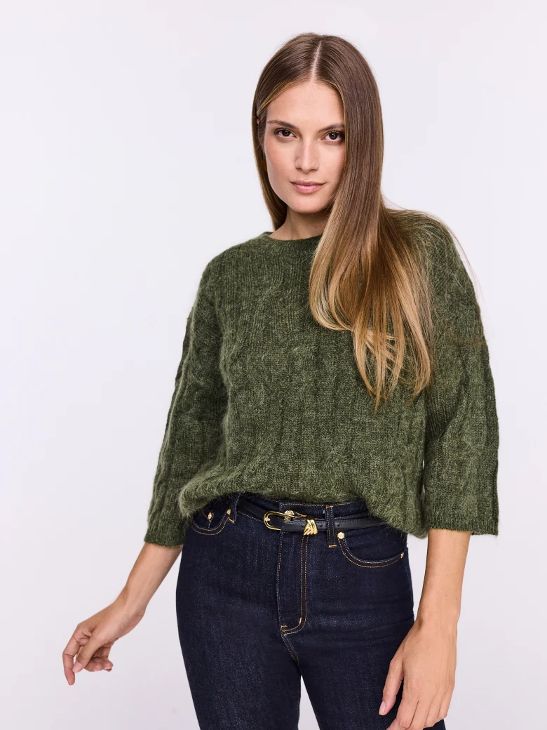 Braided olive sweater with mohair and wool