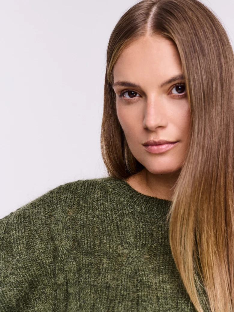 Braided olive sweater with mohair and wool