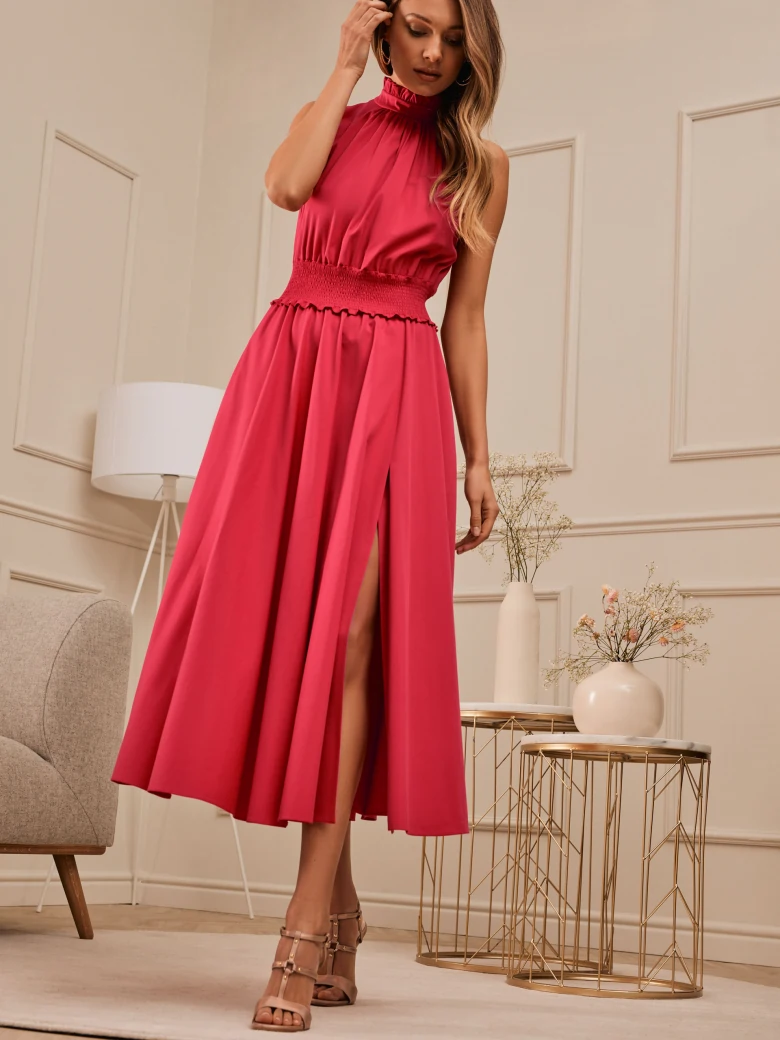 RED DRESS WITH BINDING ON THE BACK
