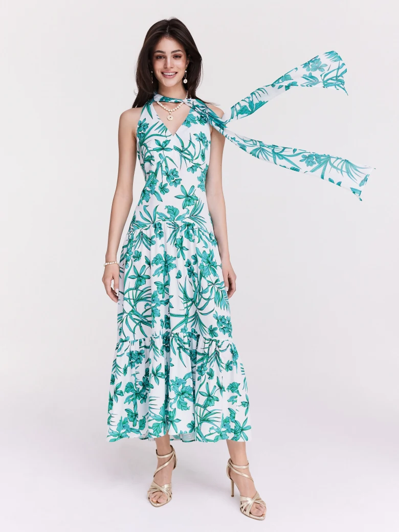 Viscose midi dress with exotic flowers