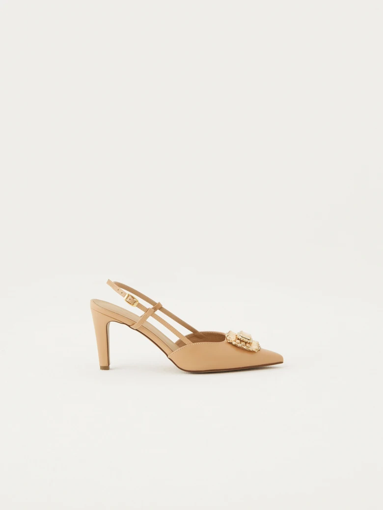 Beige pumps with open heel and crystals