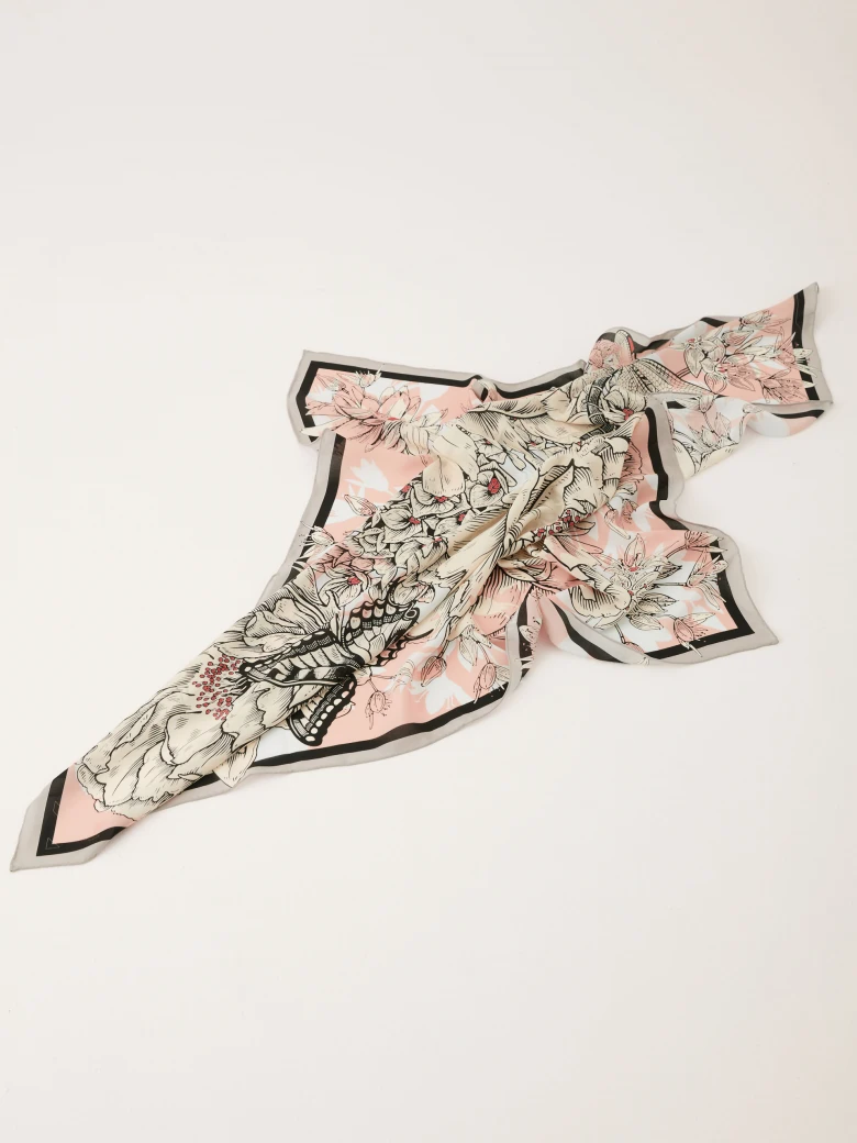 Silk large gavroche in floral and insect pattern