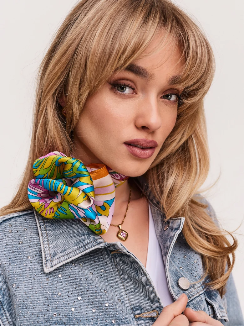 Large silk gavroche in ethnic pattern