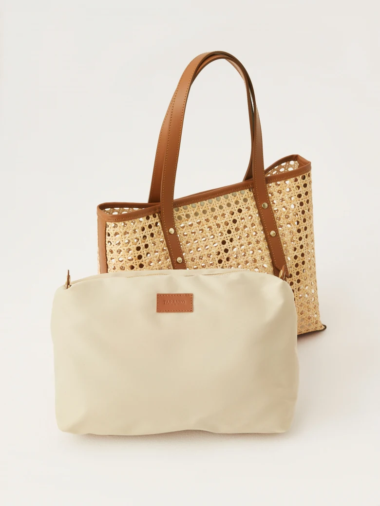 Natural leather and rattan shopper bag