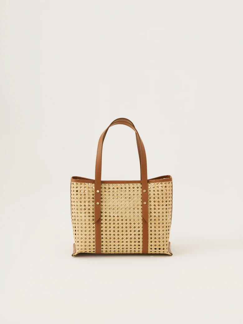 Natural leather and rattan shopper bag
