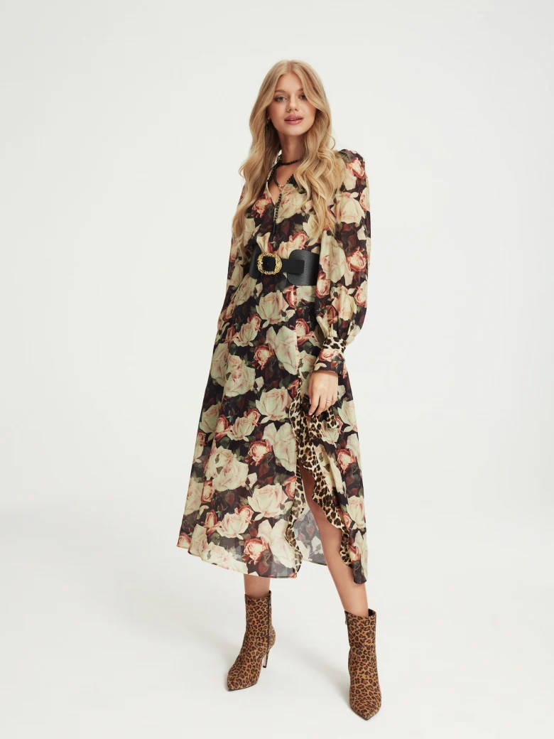 Silk dress with rose pattern