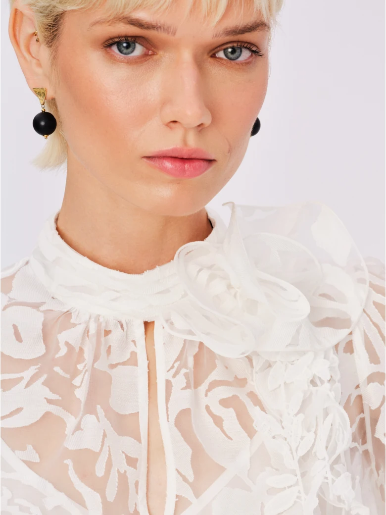 White devore fabric blouse with rose
