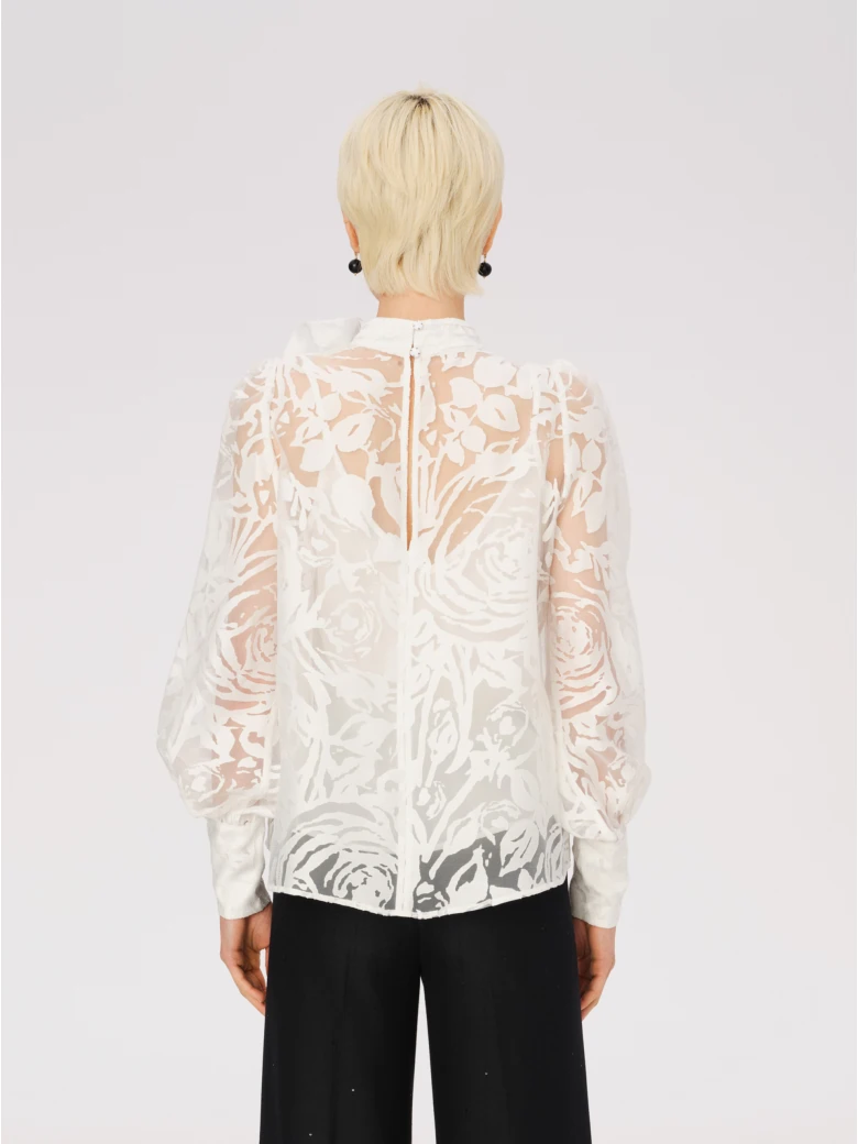 White devore fabric blouse with rose