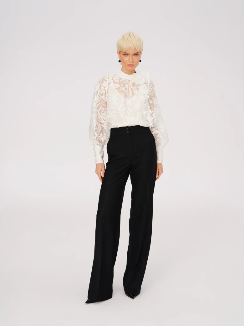White devore fabric blouse with rose