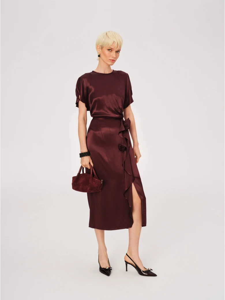 Burgundy satin midi dress