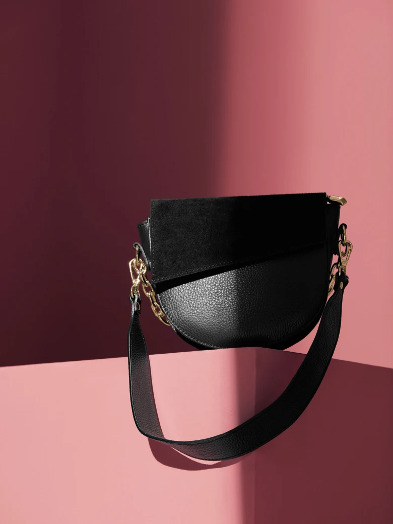BLACK HANDBAG WITH SUEDE FLAP
