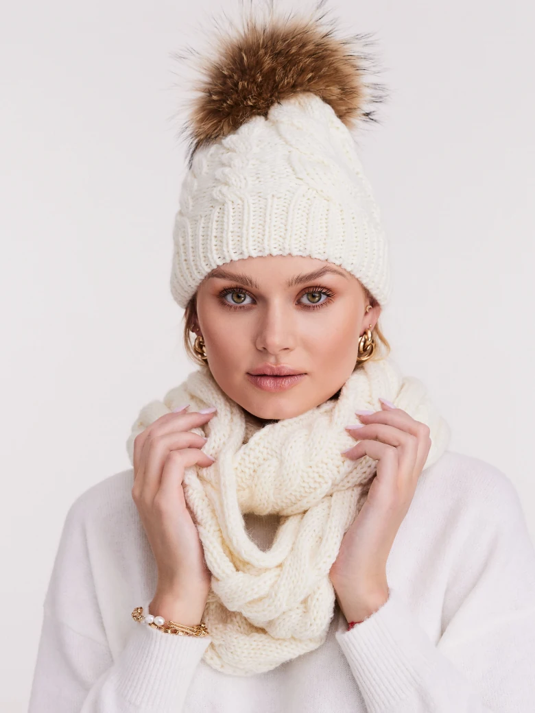 Cream plaid hat with fur pompom