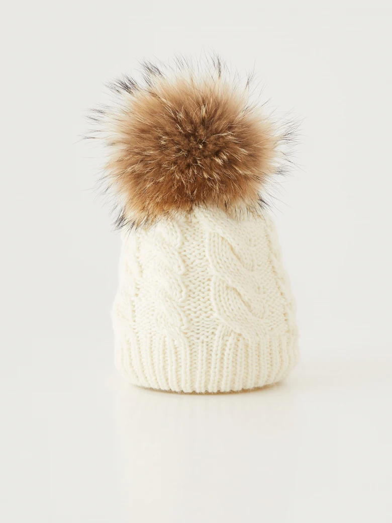 Cream plaid hat with fur pompom