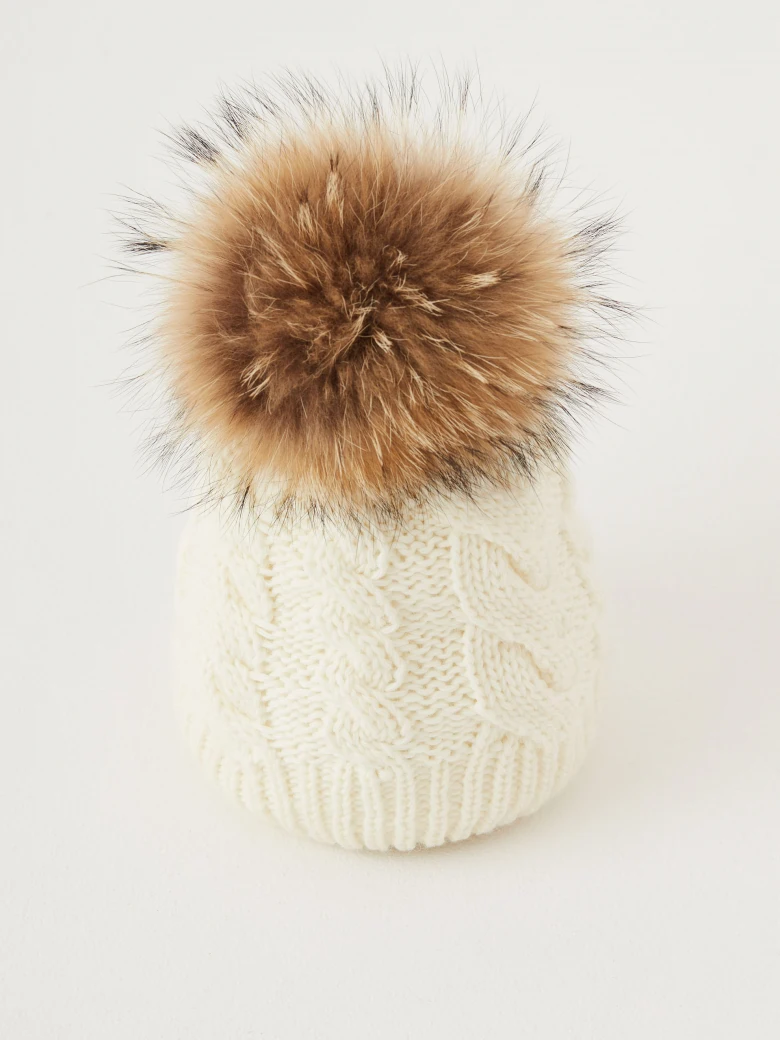 Cream plaid hat with fur pompom