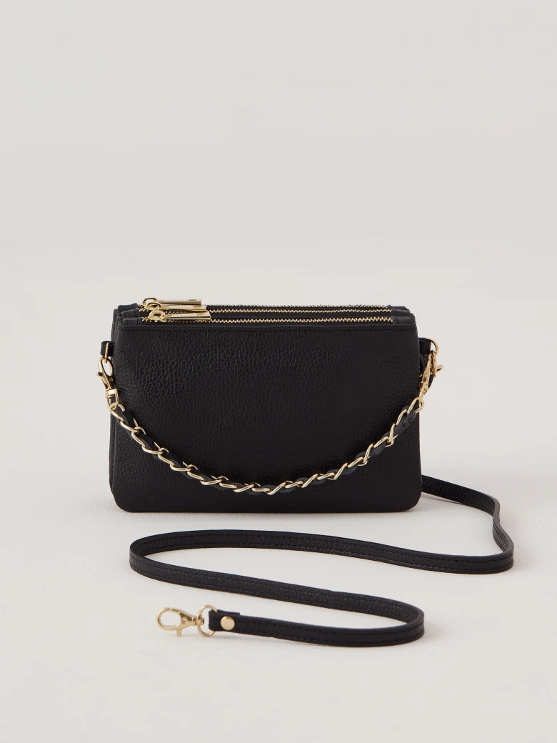 Black leather handbag on a long strap
