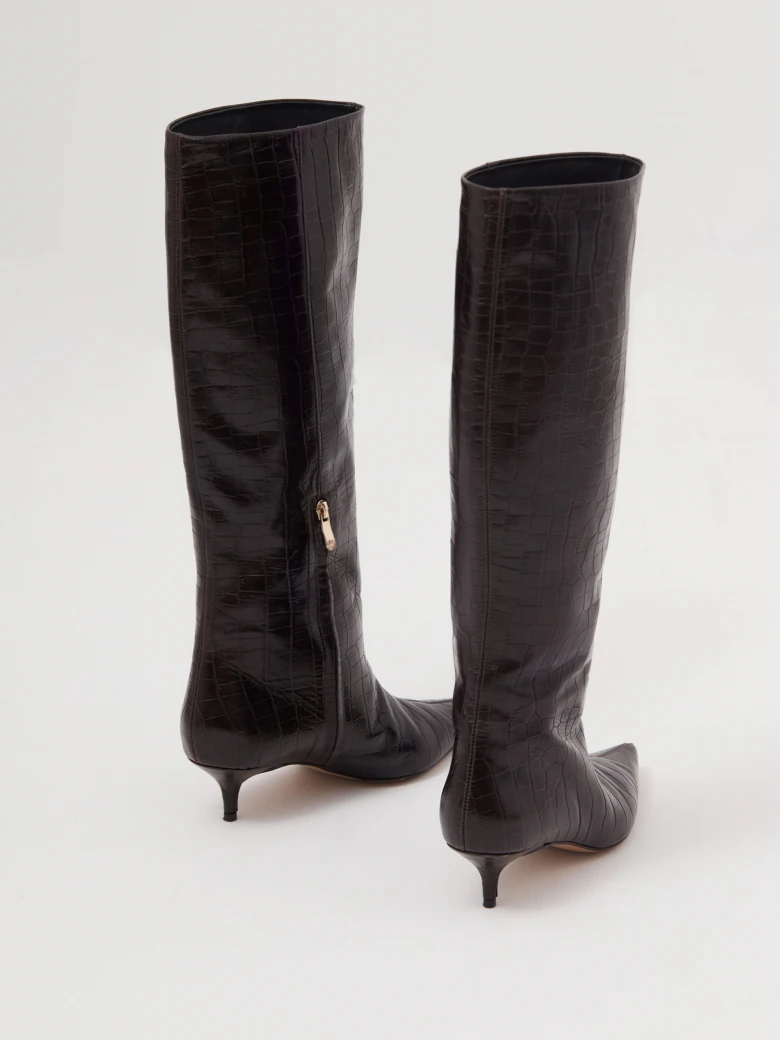 Chocolate boots with crocodile leather texture
