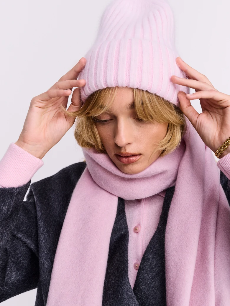 Powder pink hat with angora knit cuff