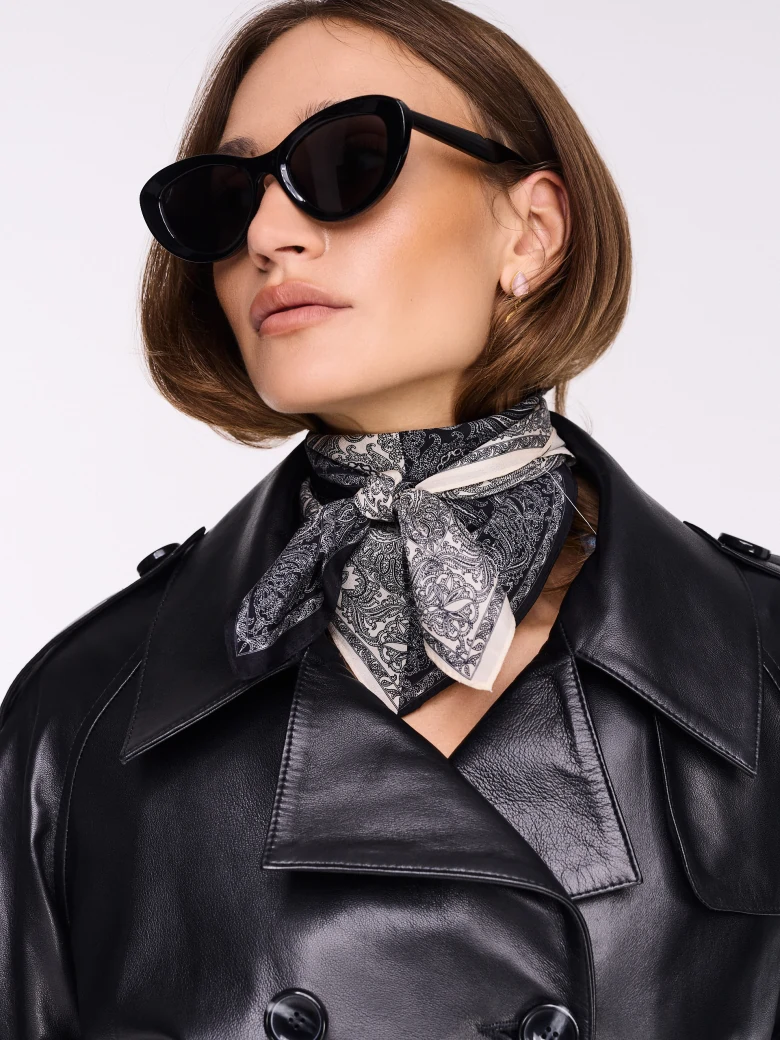 Black and white silk scarf with paisley patterns