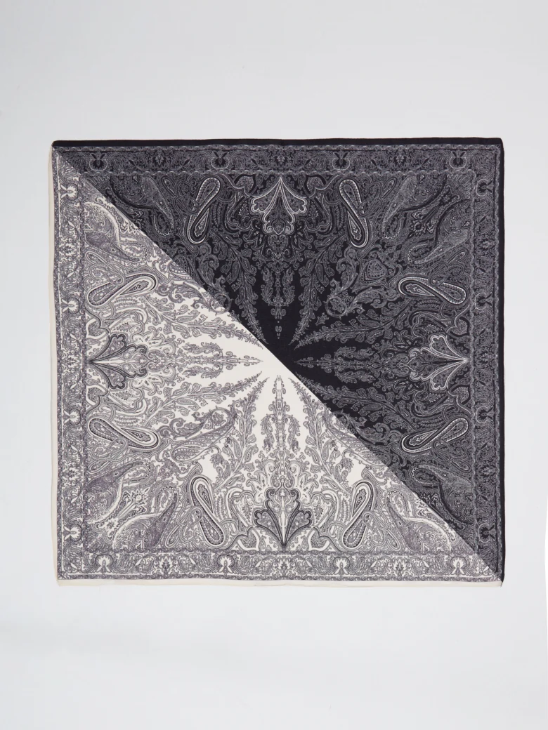 Black and white silk scarf with paisley patterns