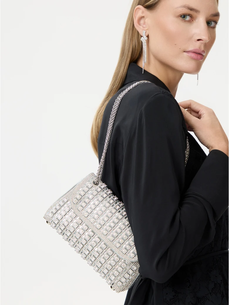 Silver leather handbag with crystals