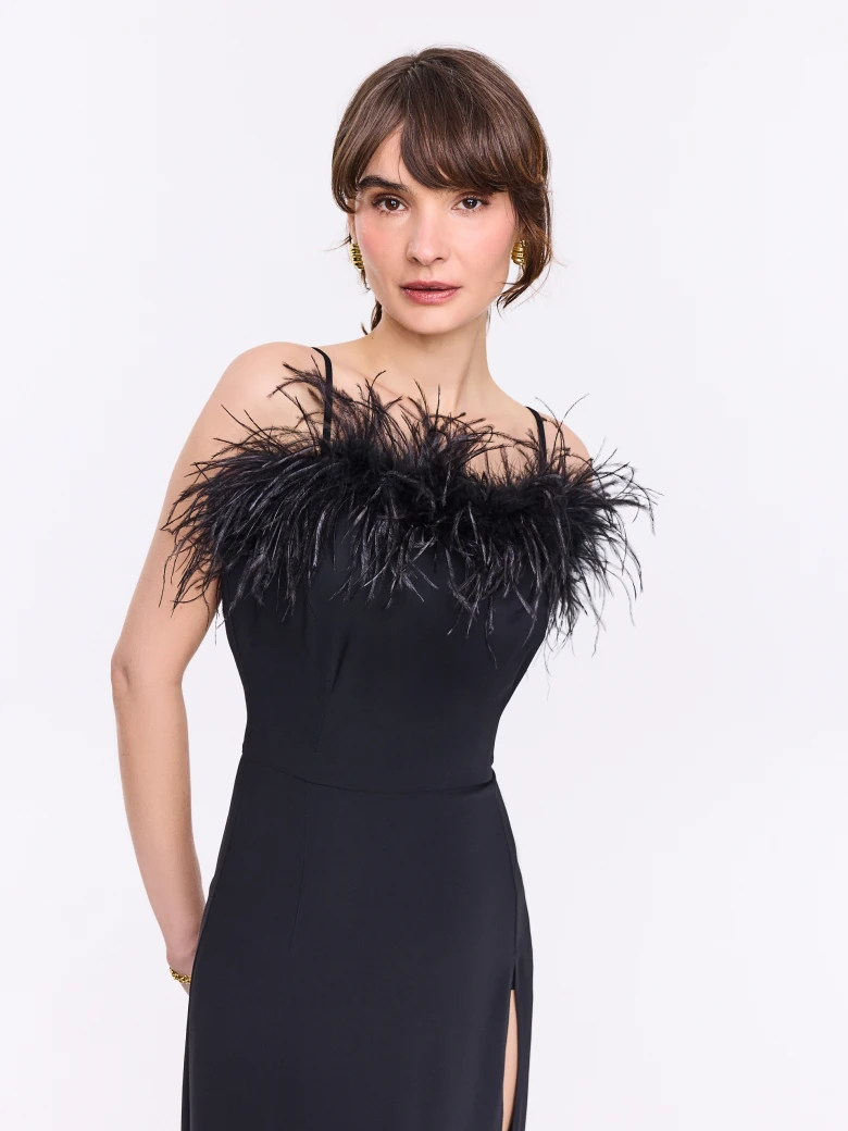 Long black dress with decorative feather neckline