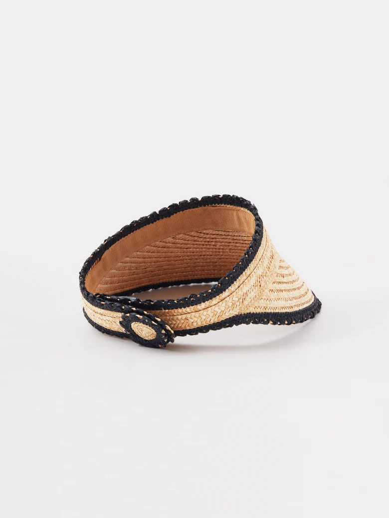 A visor made of natural fibers with decorative trim