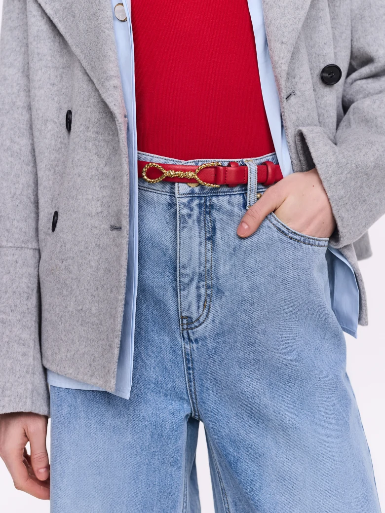 Red bombato leather belt with decorative buckle