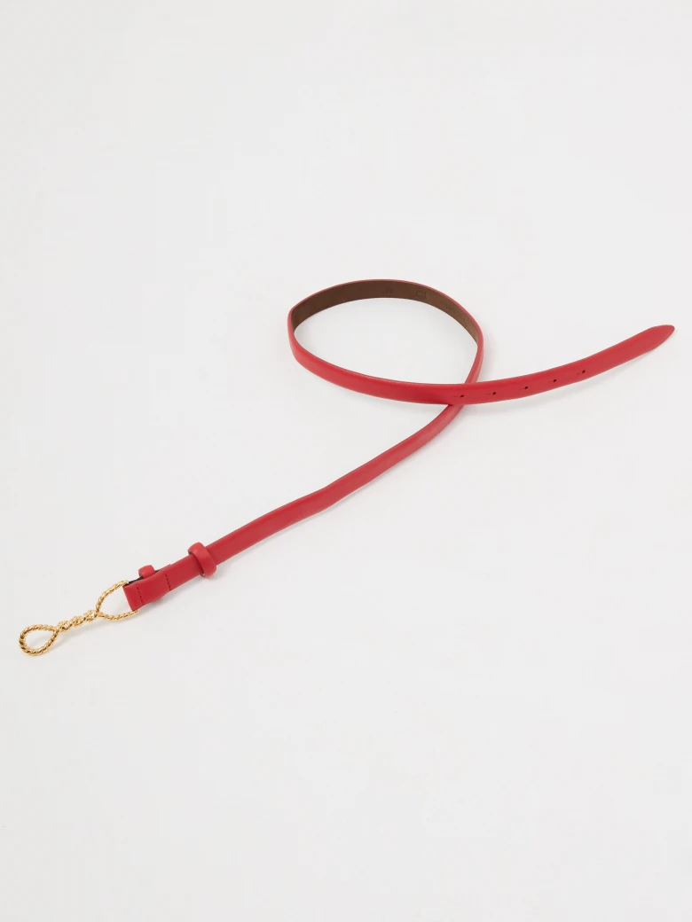 Red bombato leather belt with decorative buckle