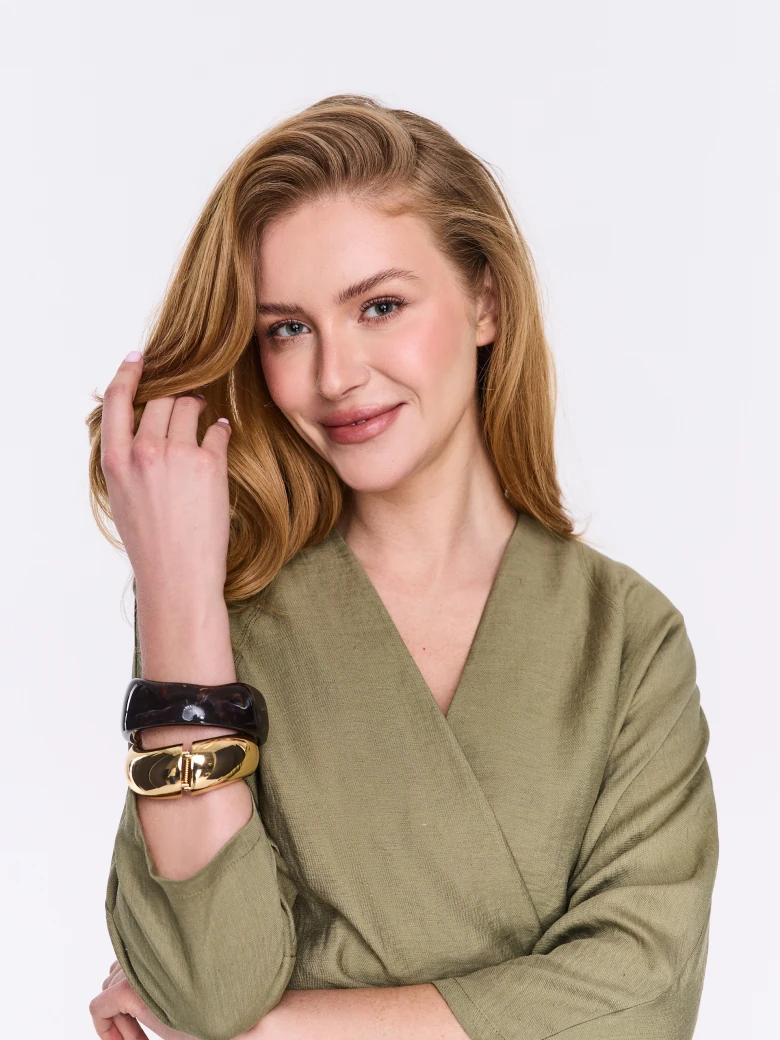 Olive-green viscose blouse with a wrap-around neckline