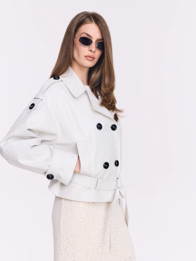 Cream double-breasted leather jacket