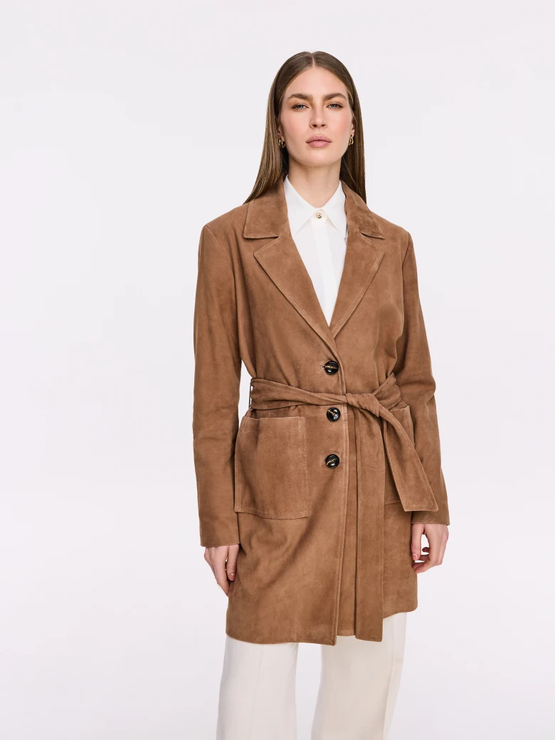 Short caramel suede coat