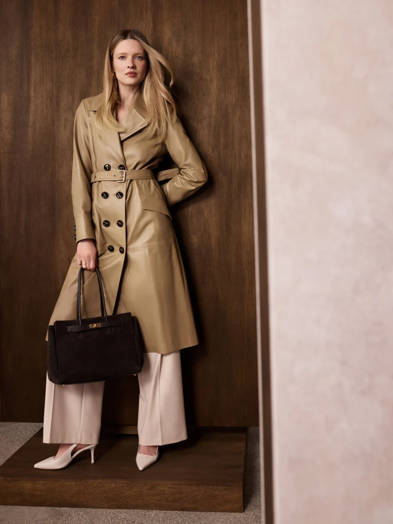 Brown leather double-breasted coat
