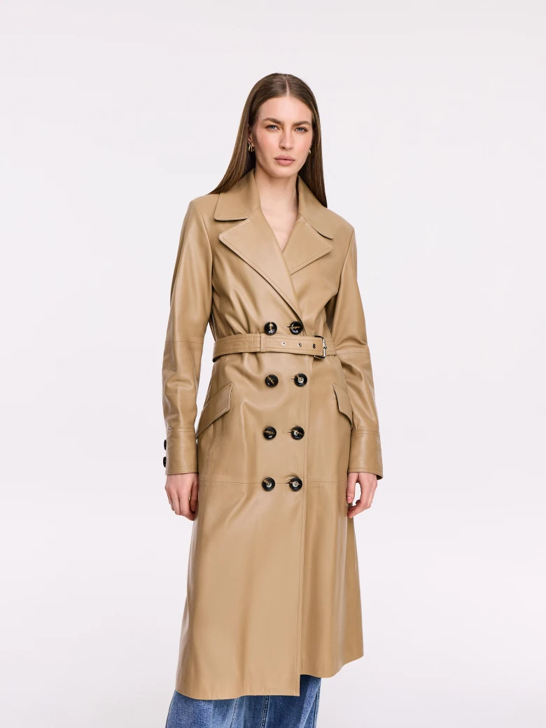 Brown leather double-breasted coat