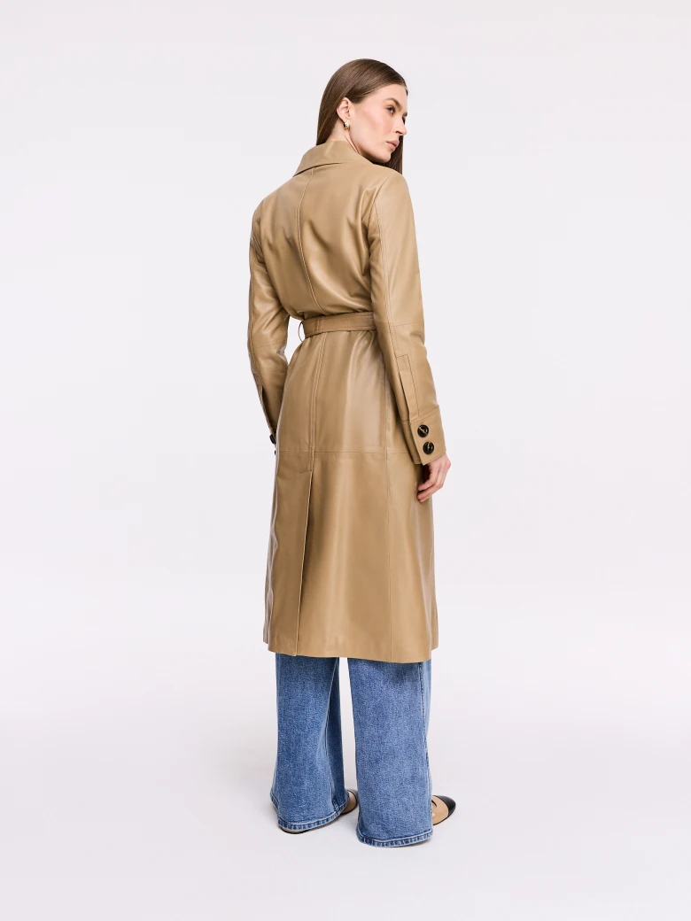Brown leather double-breasted coat