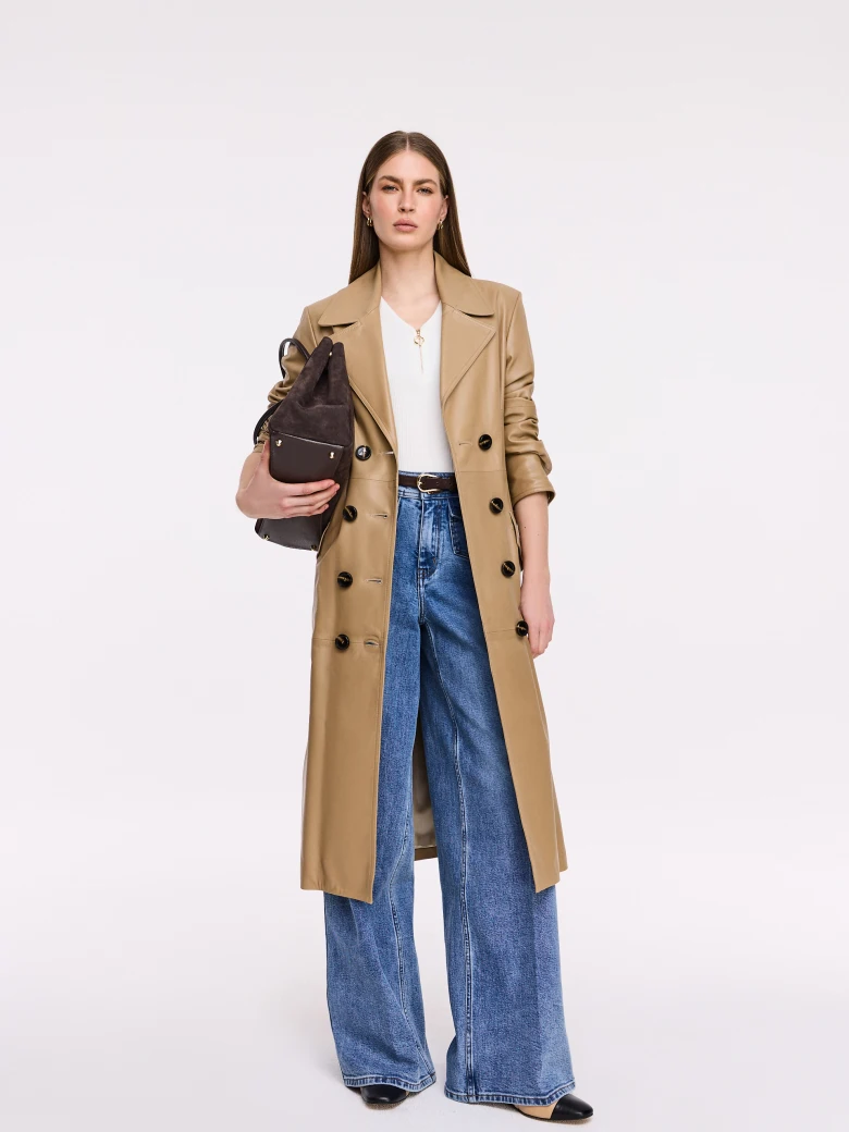Brown leather double-breasted coat