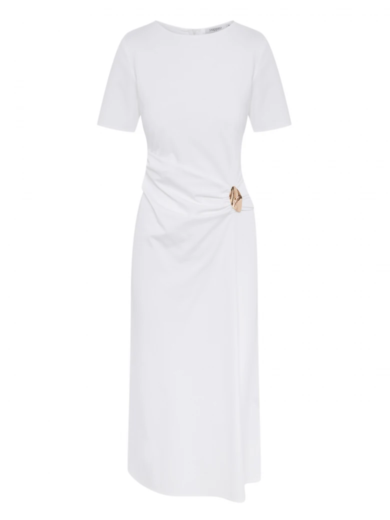 White dress with ruffles and decorative buckle