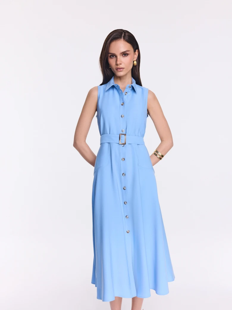 Blue sleeveless midi shirt dress