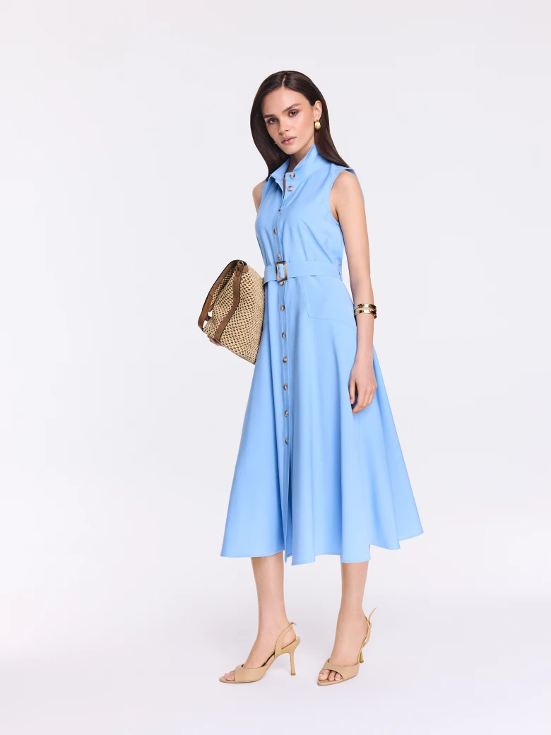 Blue sleeveless midi shirt dress