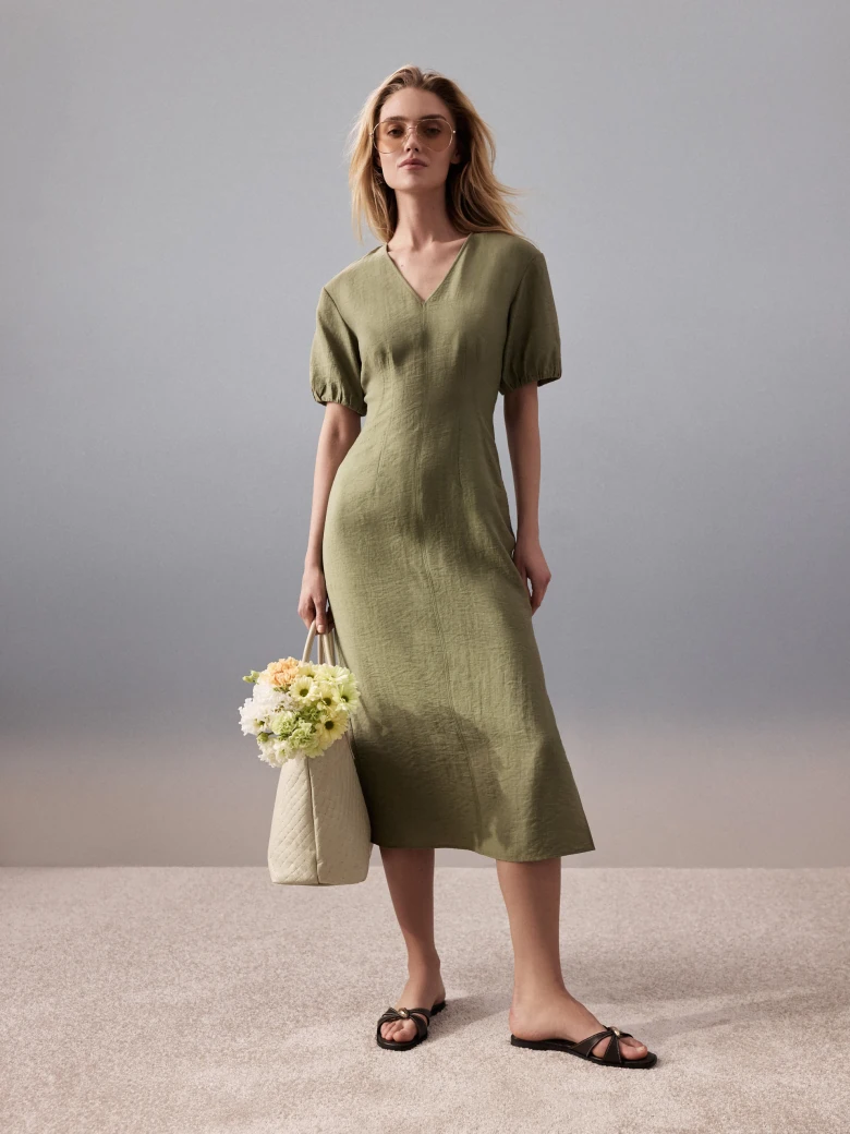Olive-green midi dress with puff sleeves