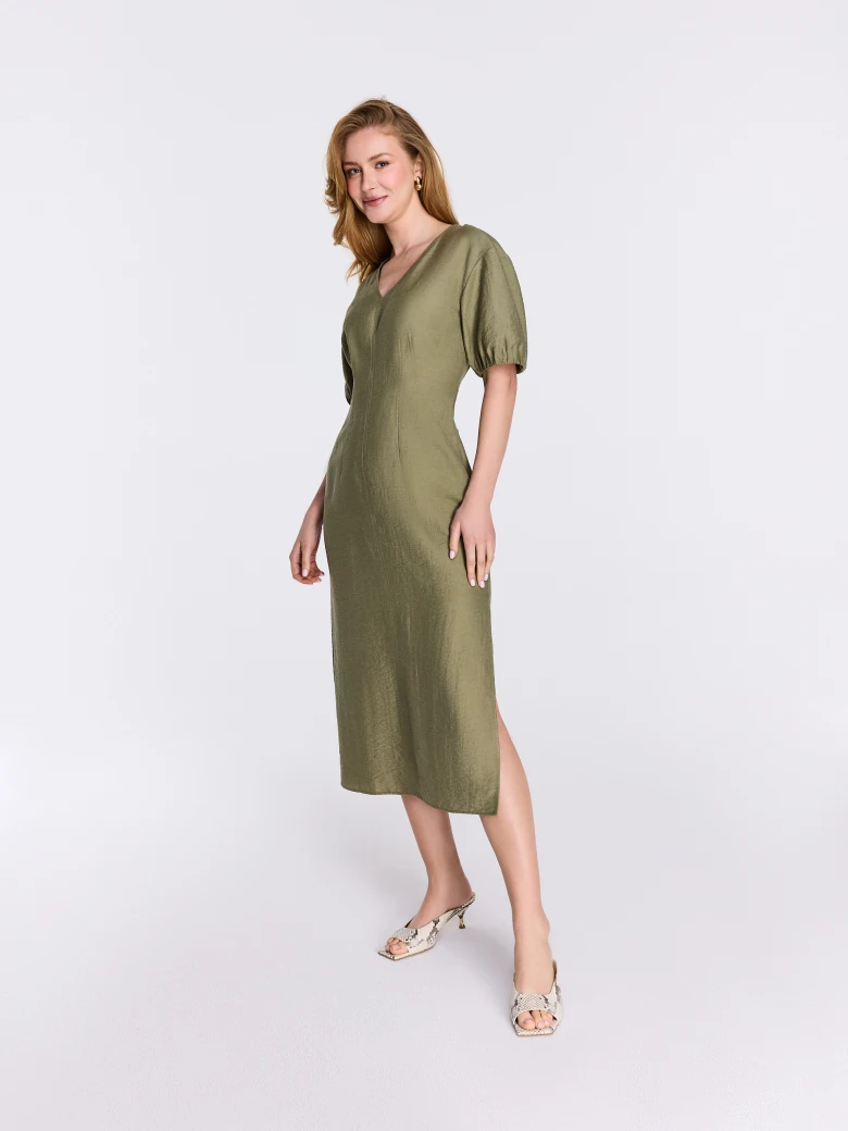 Olive-green midi dress with puff sleeves