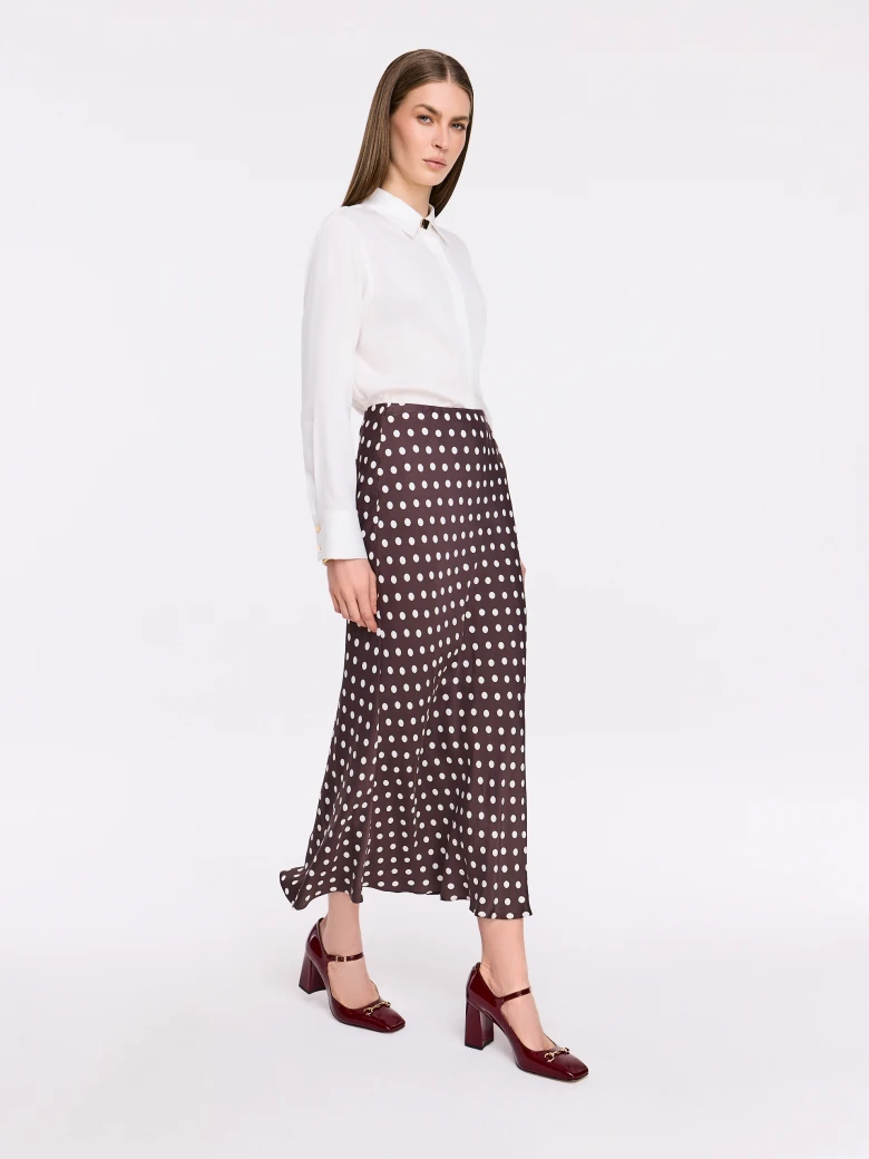 Brown midi skirt with polka dots made of satin viscose