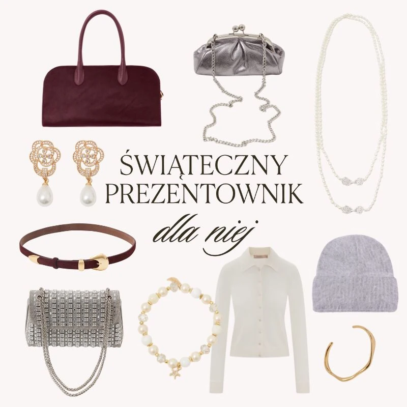 Prezent dla żony pod choinkę: luksusowe akcesoria, w tym bordowa torebka, perłowy naszyjnik, kolczyki i srebrna kopertówka. Prezent dla żony pod choinkę propozycje