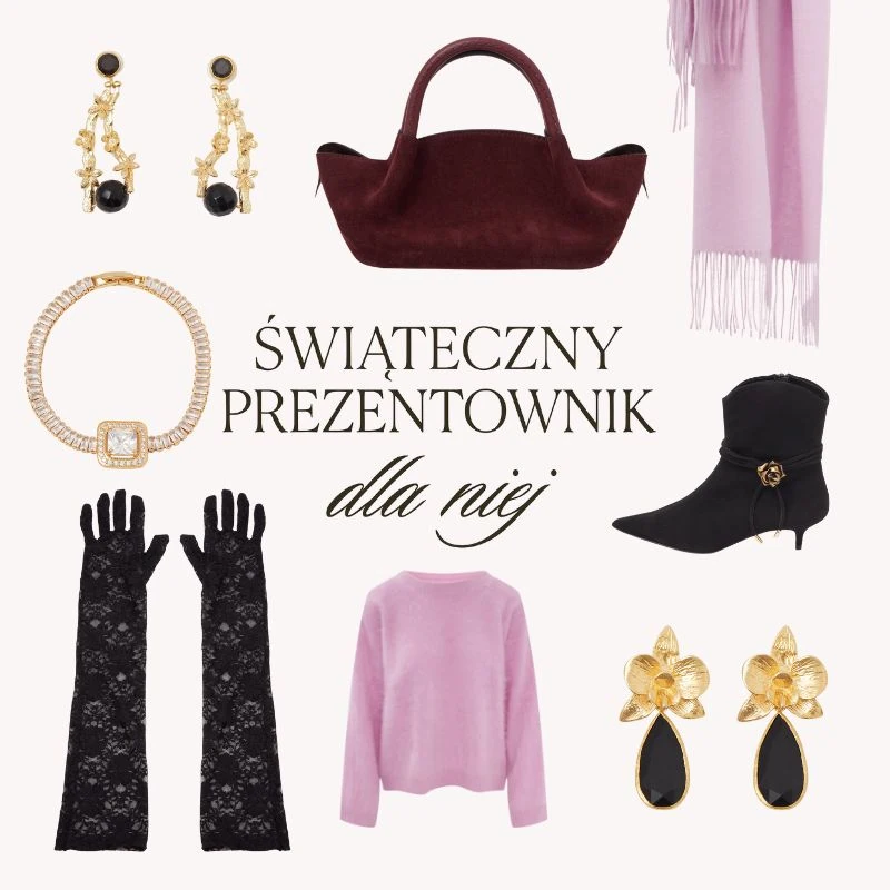 Inspiracje na prezent dla żony pod choinkę: bordowa torebka, różowy sweter, czarne botki i wyraziste złote kolczyki. Eleganckie pomysły na prezent dla żony pod choinkę