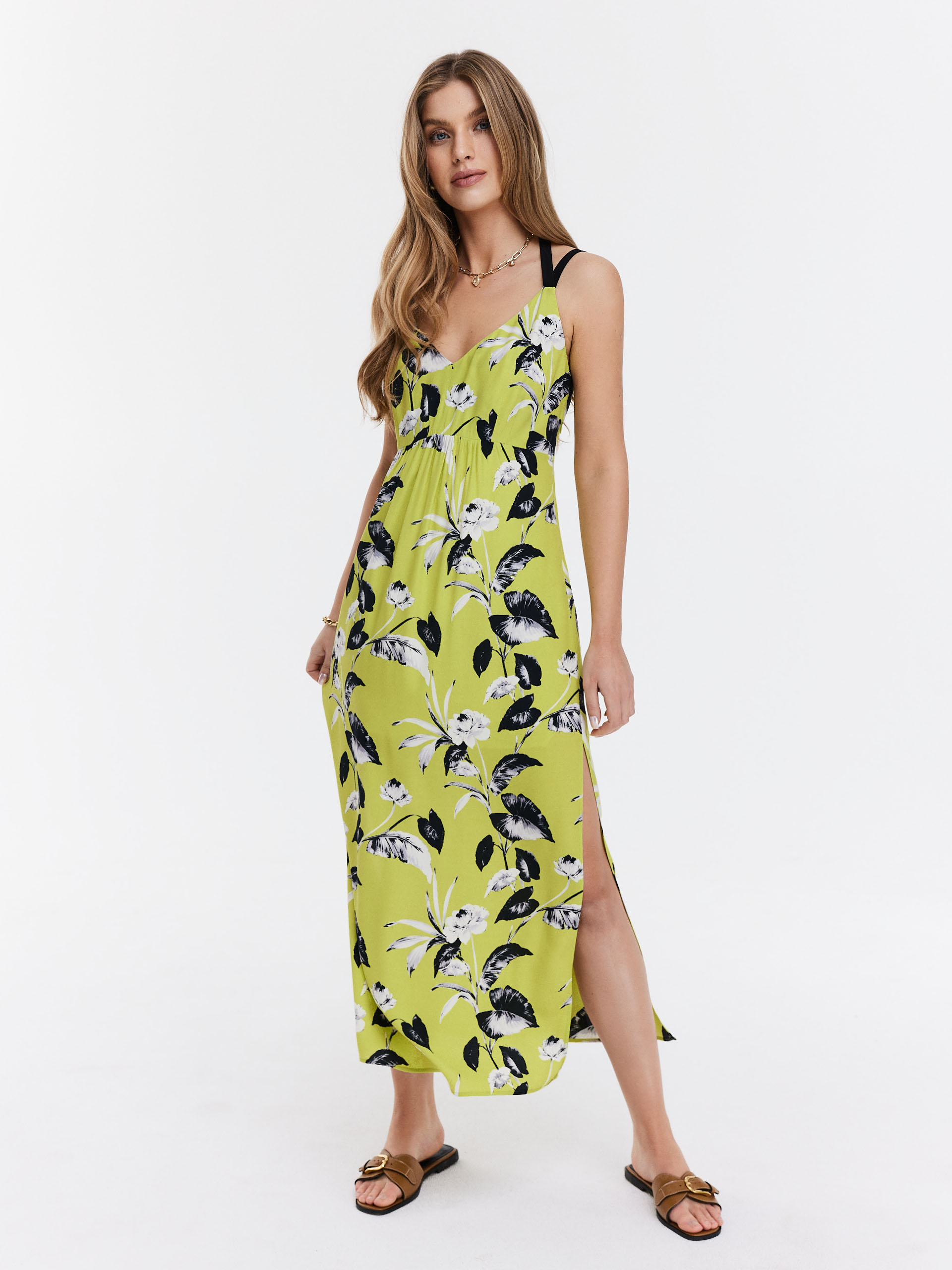 Long lime green floral dress - Taranko