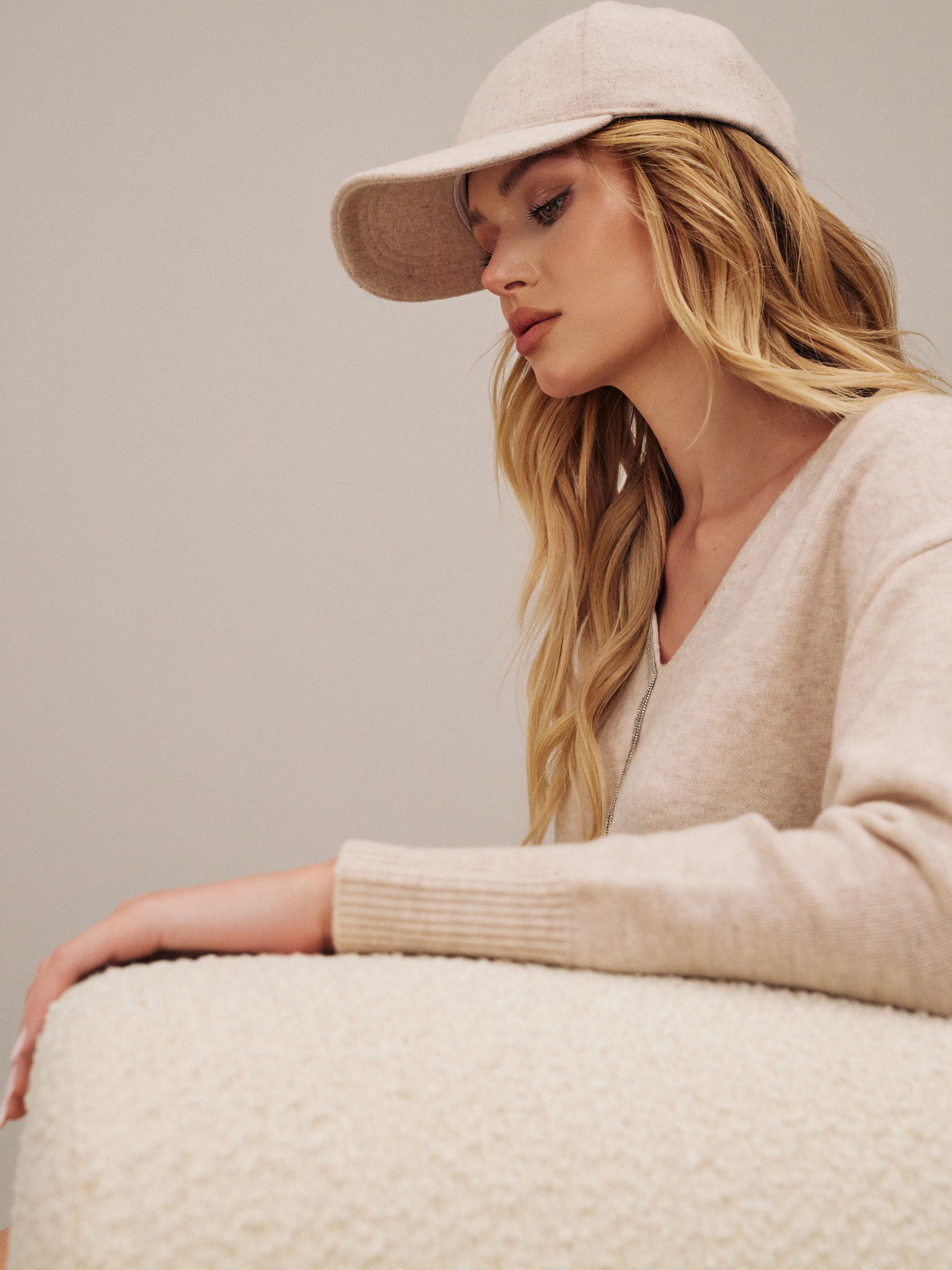 Beige baseball cap wool with fabric-Taranko