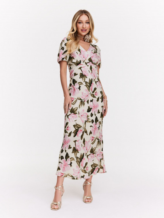 Long bright dress with pink flowers